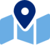 Blue icon of a trifold map with large pin marker